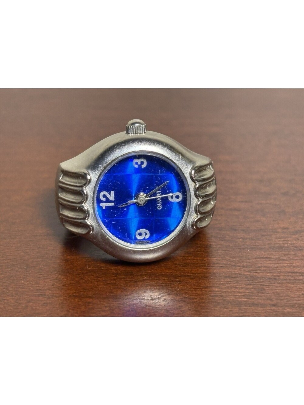Vintage Consort Quartz Ring Watch Blue Faceted Dial Stainless Steel Back Running